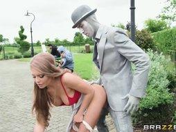 Sweet girl with big natural boobies Alessandra James gets rammed outdoors by a freaky dude